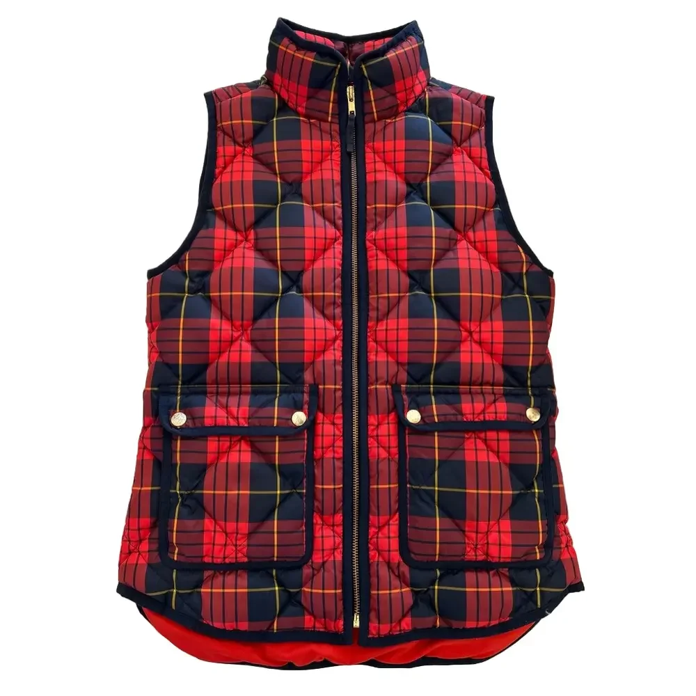 J Crew Excursion Red Navy Size XXS Quilted Vest Down Plaid Puffer Tartan